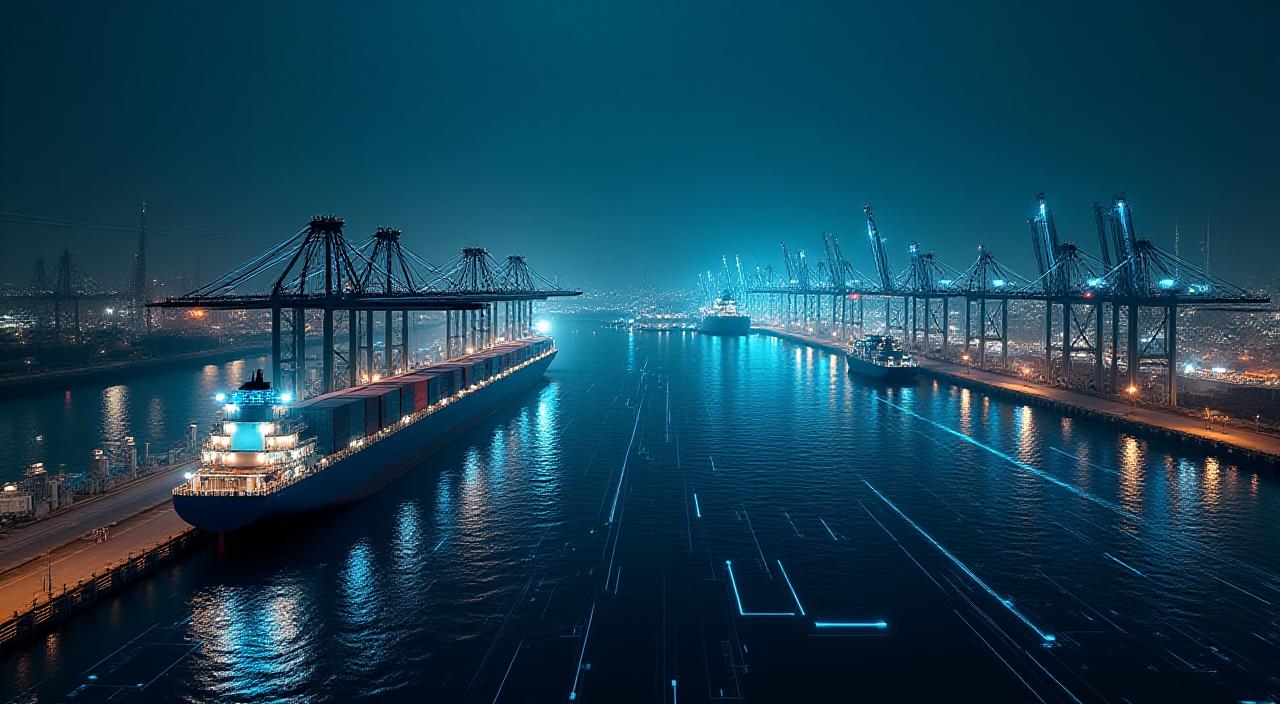 Modern logistics cargo port with digital AI overlays