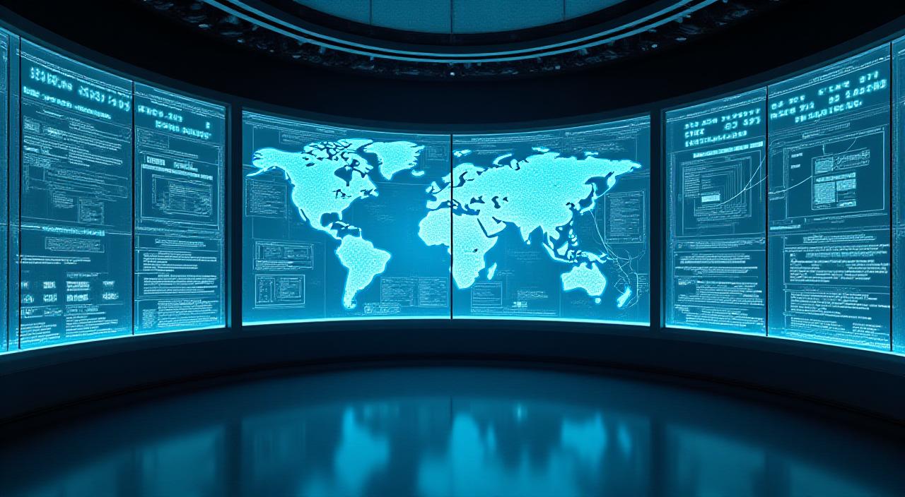 Futuristic AI dashboard overlaying a high-tech logistics control center